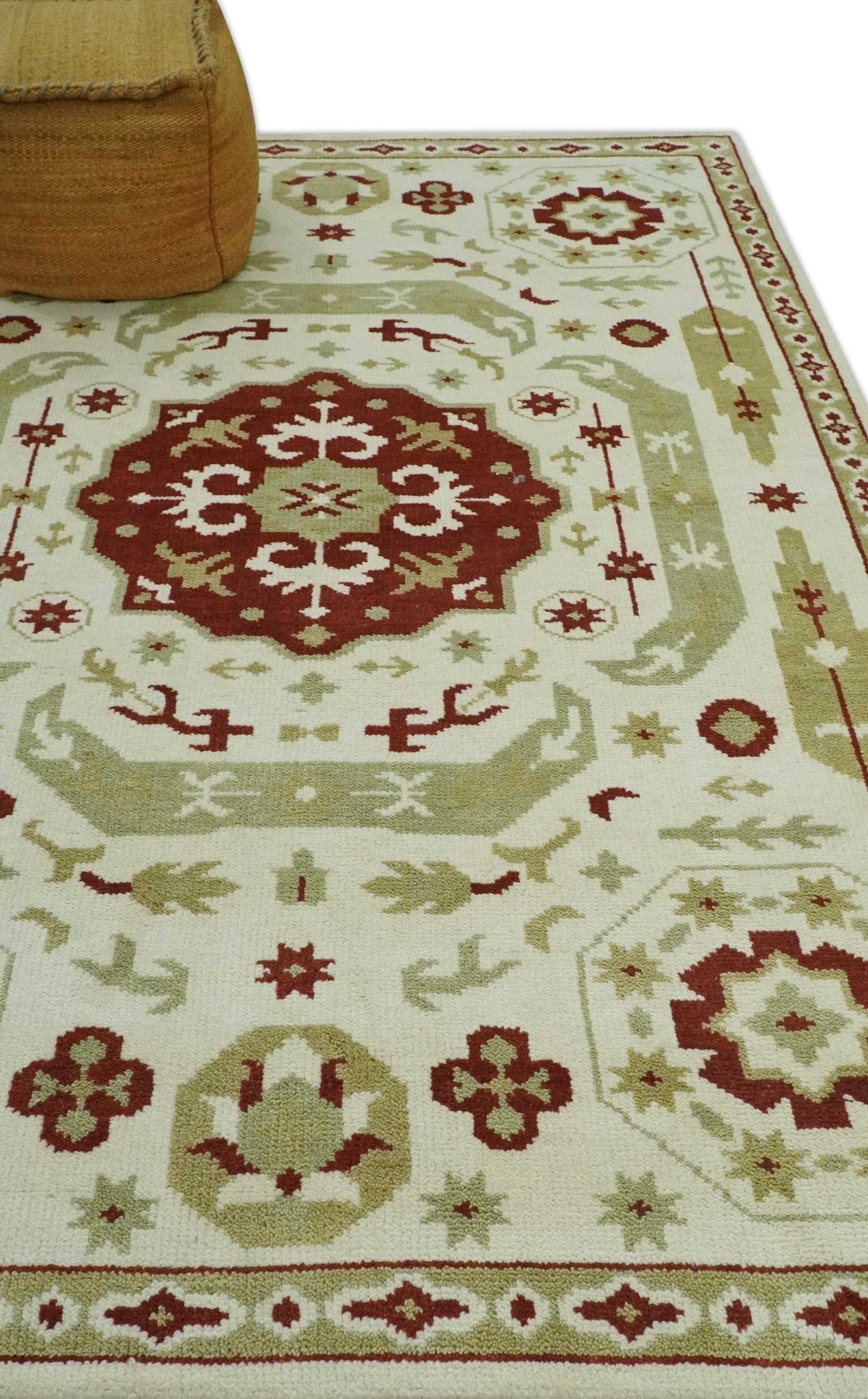 Custom Made Ivory, Olive and Maroon Traditional Medallion Mamluk Design wool Rug