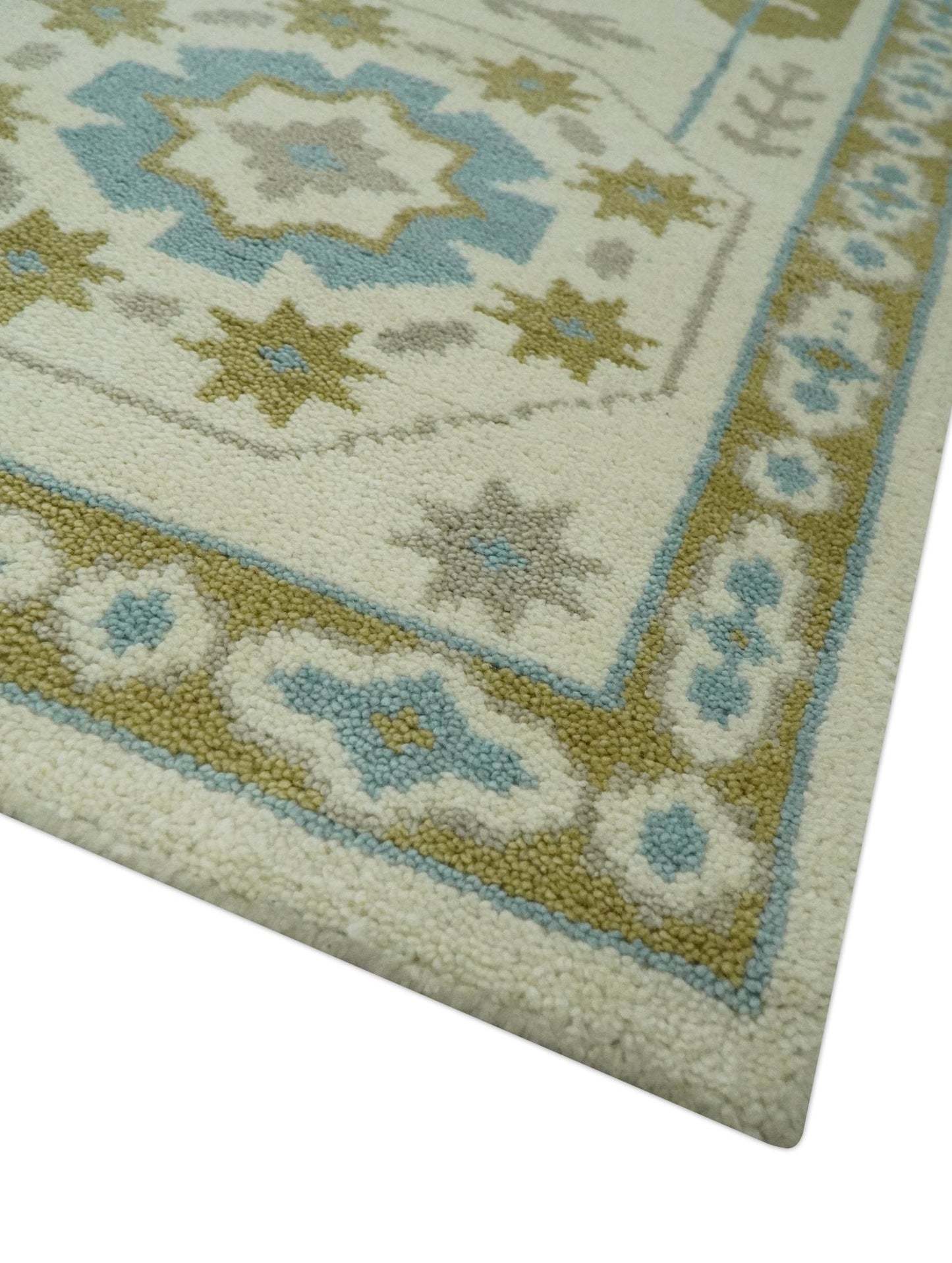Custom Made Ivory, Olive and Teal Hand Knotted Traditional Medallion Mamluk Design wool Rug