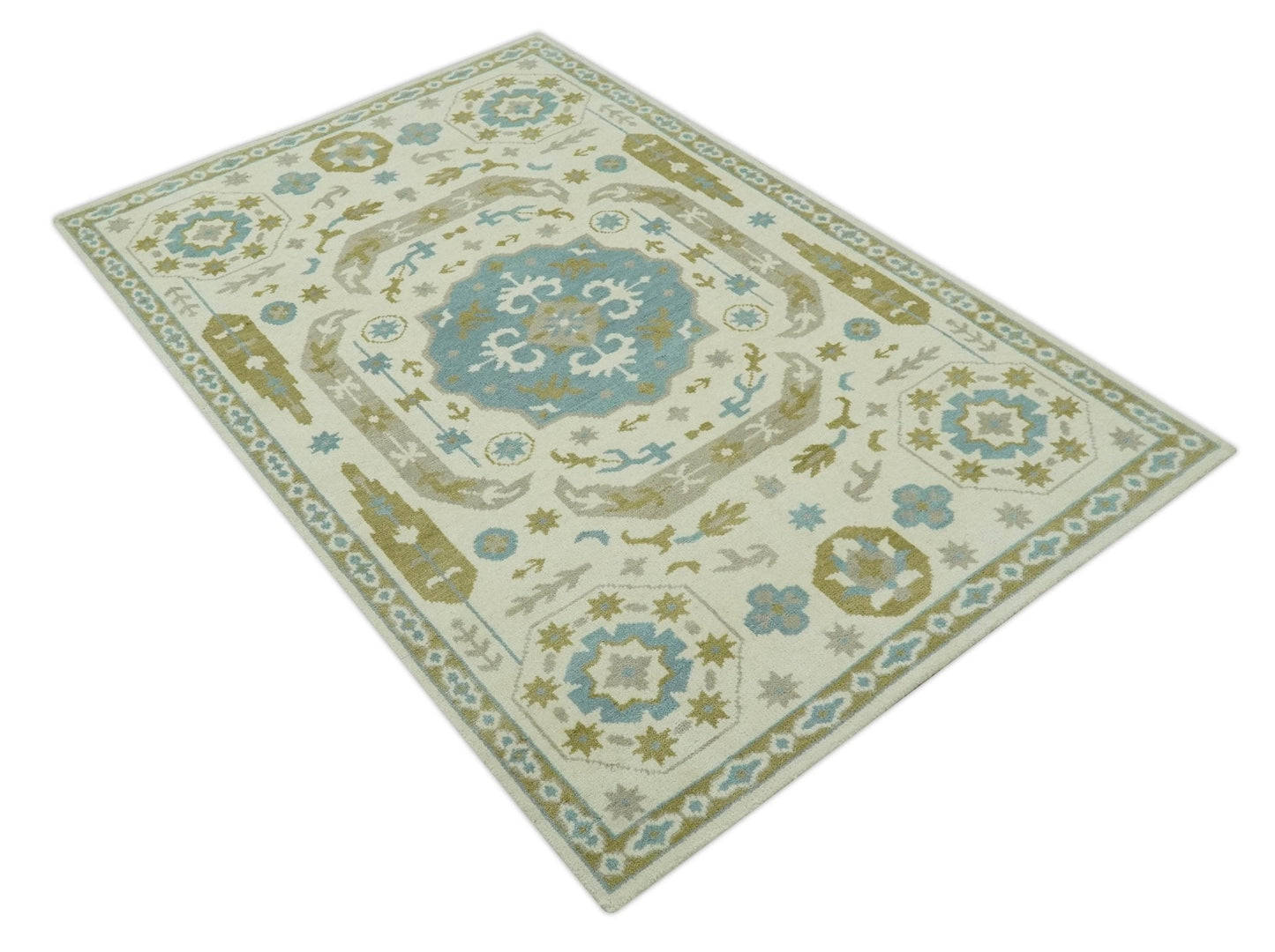 Custom Made Ivory, Olive and Teal Hand Knotted Traditional Medallion Mamluk Design wool Rug