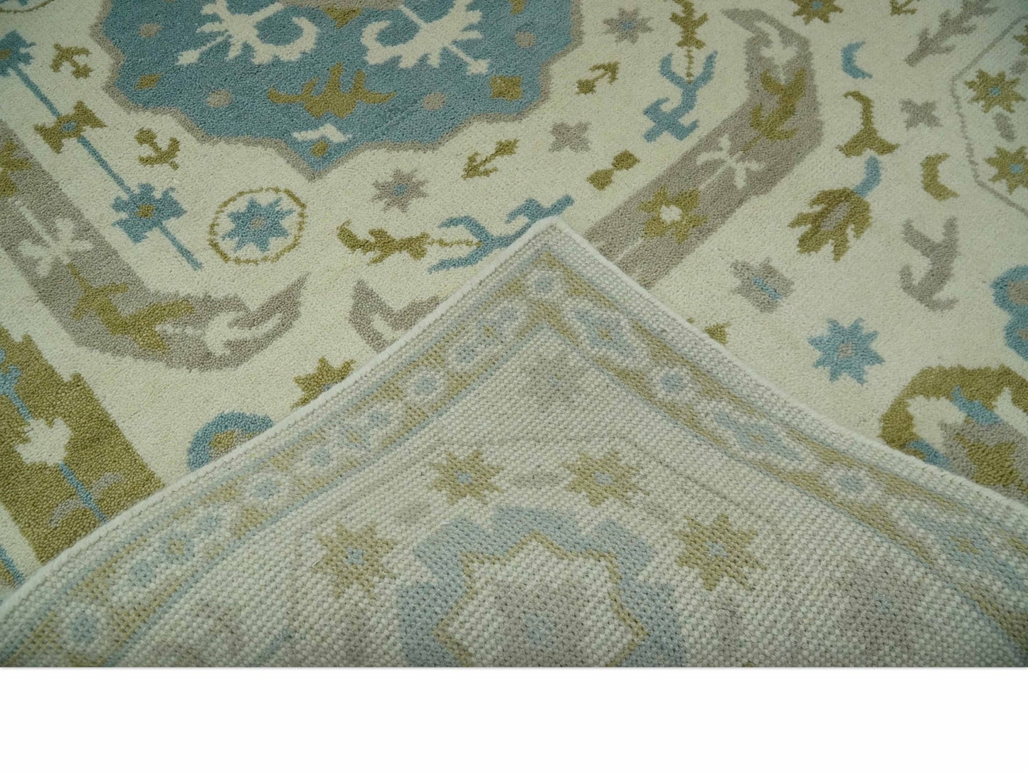 Custom Made Ivory, Olive and Teal Hand Knotted Traditional Medallion Mamluk Design wool Rug