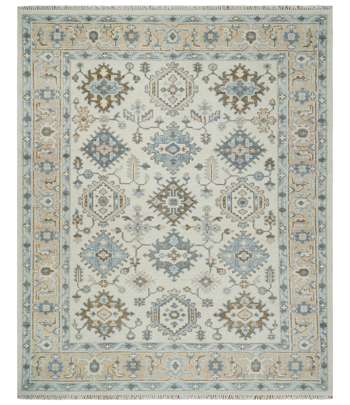 Custom Made Ivory, Peach and Gray Hand knotted Traditional Turkish Design Oushak wool Area Rug