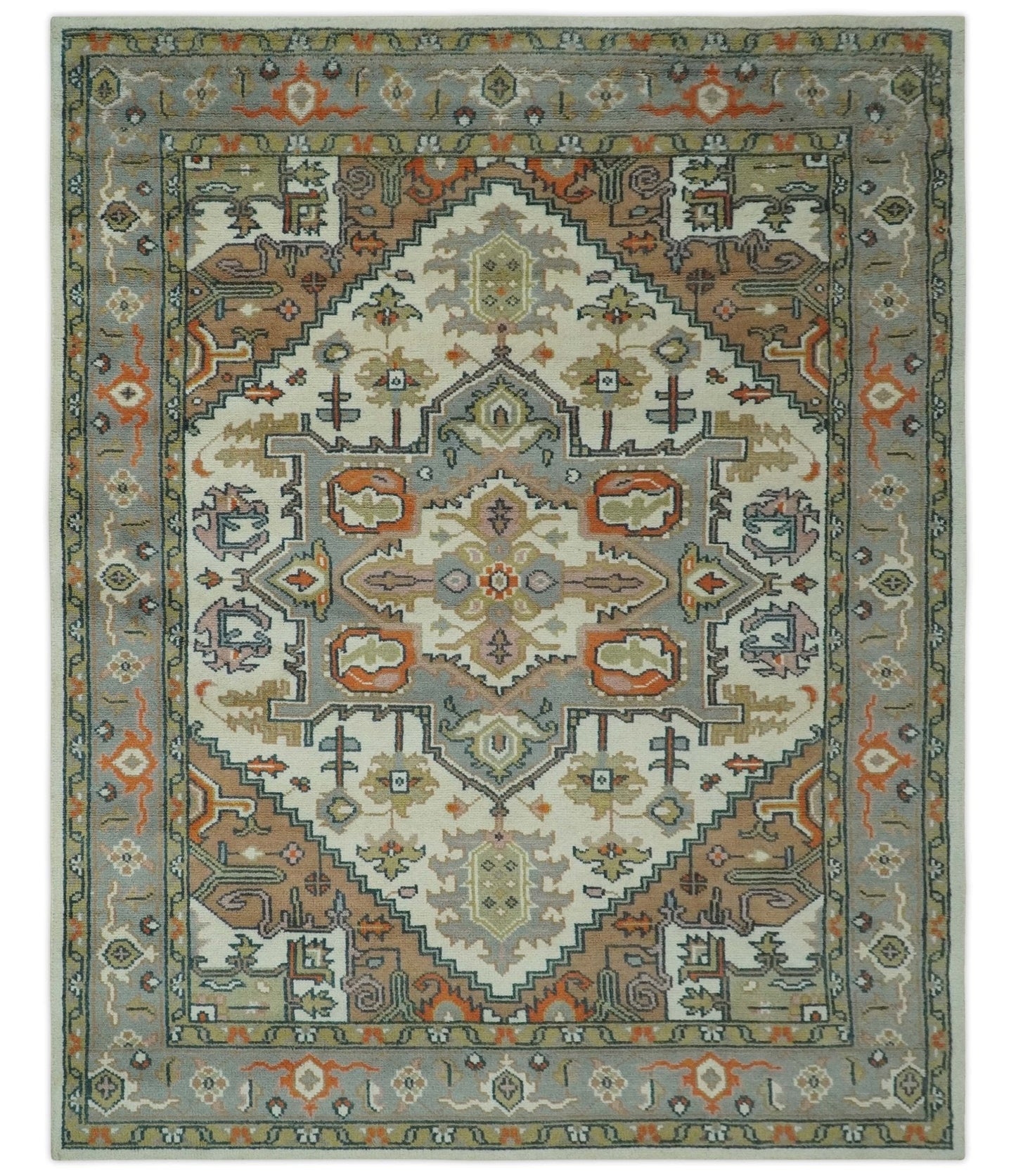 Custom Made Ivory, Silver, Peach and Olive Hand Knotted Traditional Heriz wool Area Rug