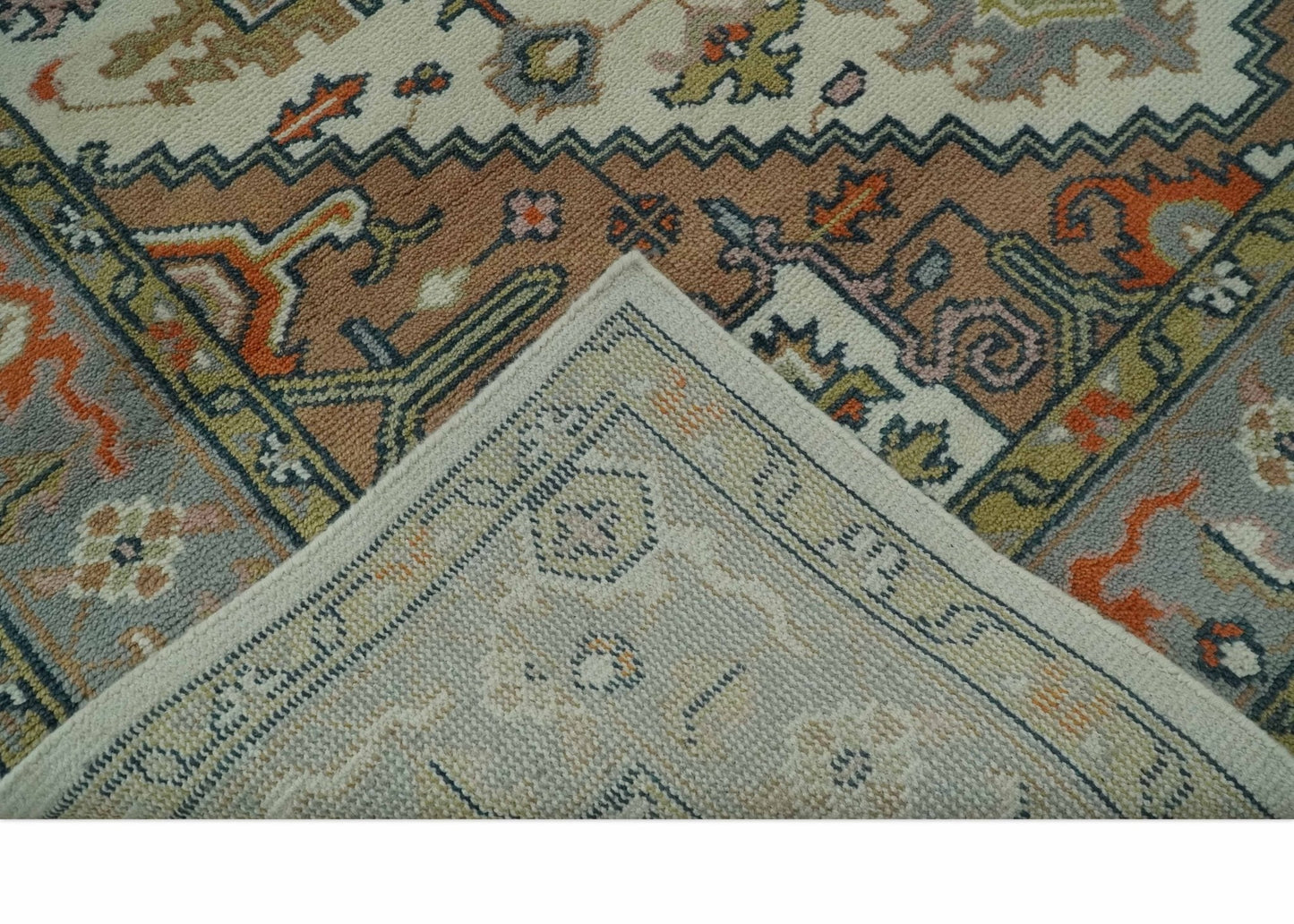 Custom Made Ivory, Silver, Peach and Olive Hand Knotted Traditional Heriz wool Area Rug