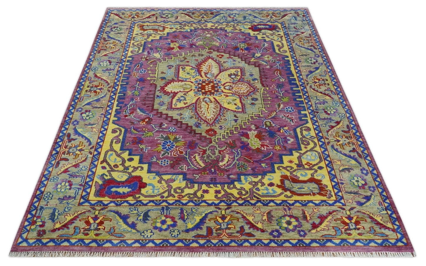Custom Made Light Green and Purple Medallion Traditional Hand Knotted Wool Area Rug