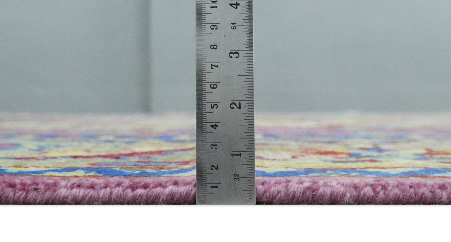 Custom Made Light Green and Purple Medallion Traditional Hand Knotted Wool Area Rug