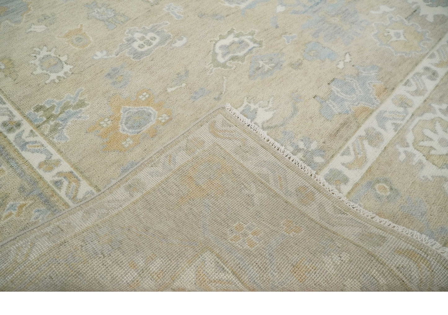 Custom Made Beige and Ivory Hand Knotted Traditional Oushak Wool Area Rug