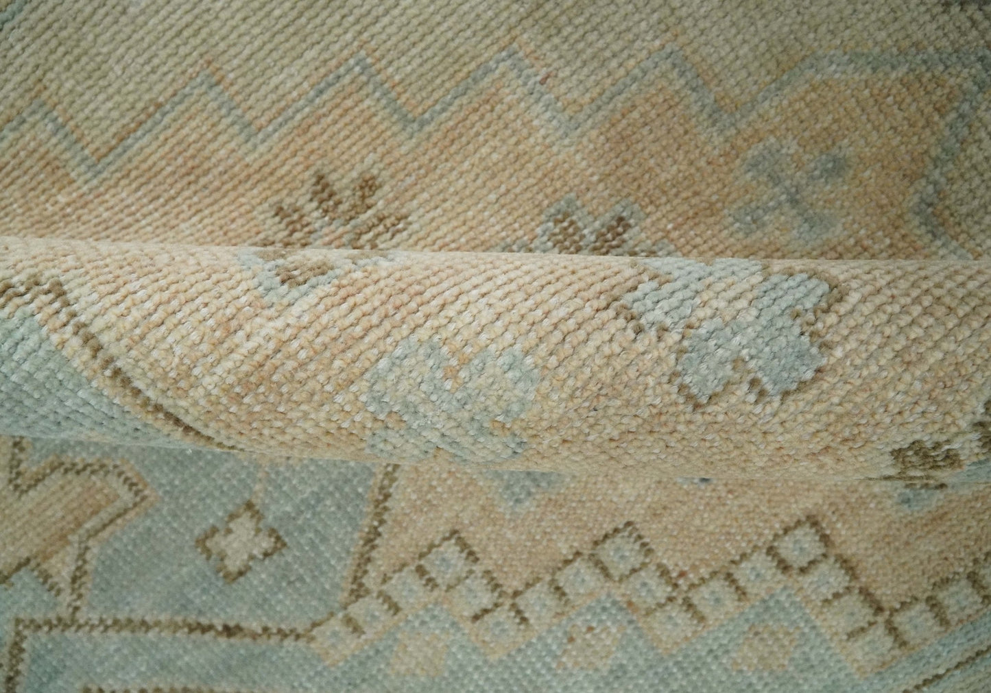 Custom Made Low Pile Hand Knotted Peach and Blue Traditional Design Wool Area Rug