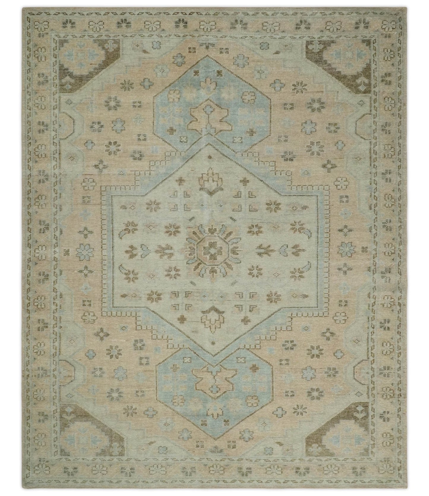 Custom Made Low Pile Hand Knotted Peach and Blue Traditional Design Wool Area Rug