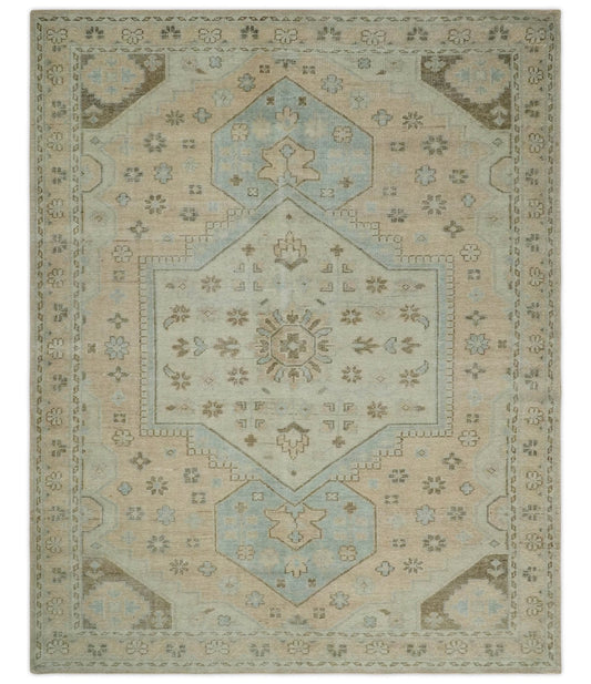 Custom Made Low Pile Hand Knotted Peach and Blue Traditional Design Wool Area Rug