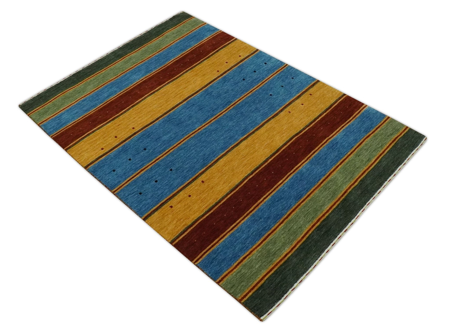 Custom Made Modern Geometrical Blue, Gold, Brown and Green Stripes Design Wool Area Rug