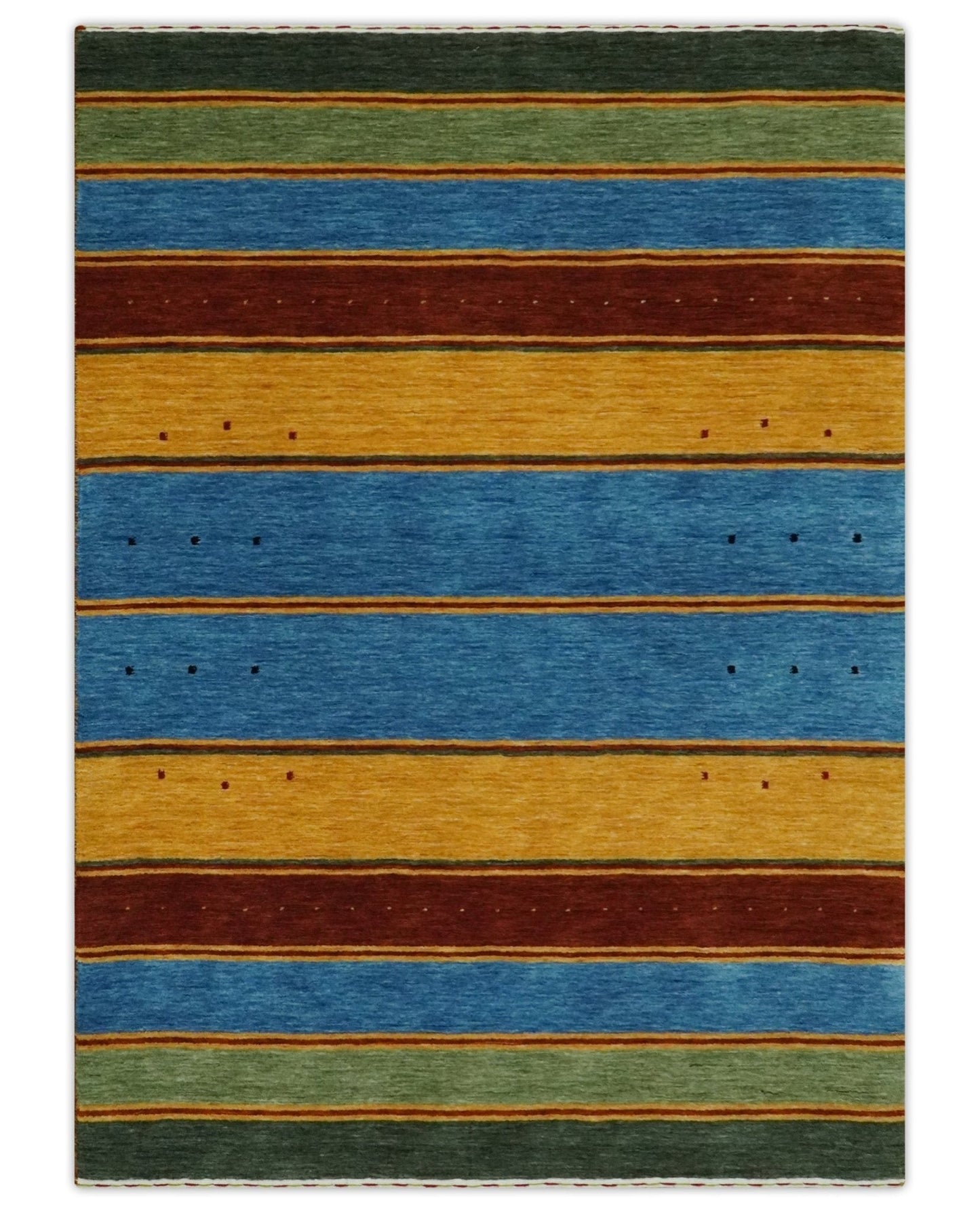 Custom Made Modern Geometrical Blue, Gold, Brown and Green Stripes Design Wool Area Rug