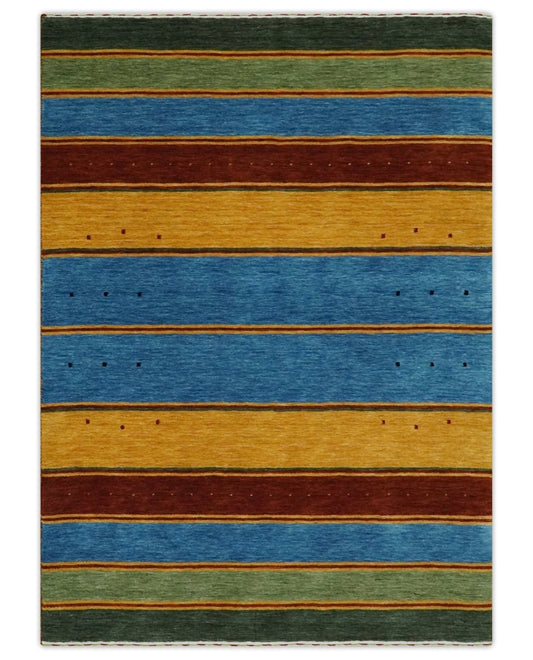 Custom Made Modern Geometrical Blue, Gold, Brown and Green Stripes Design Wool Area Rug