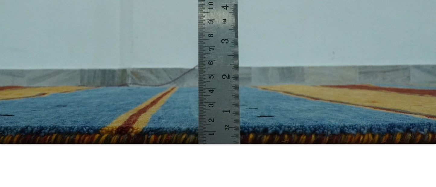 Custom Made Modern Geometrical Blue, Gold, Brown and Green Stripes Design Wool Area Rug