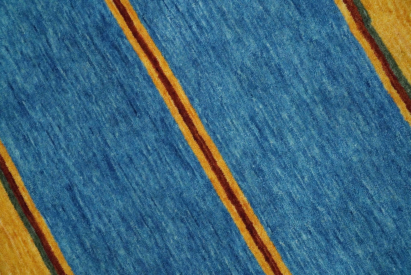 Custom Made Modern Geometrical Blue, Gold, Brown and Green Stripes Design Wool Area Rug