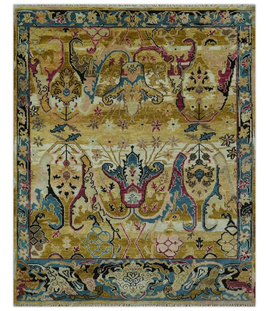 Custom Made Mustard and Teal transitional Dragon Oushak wool area rug