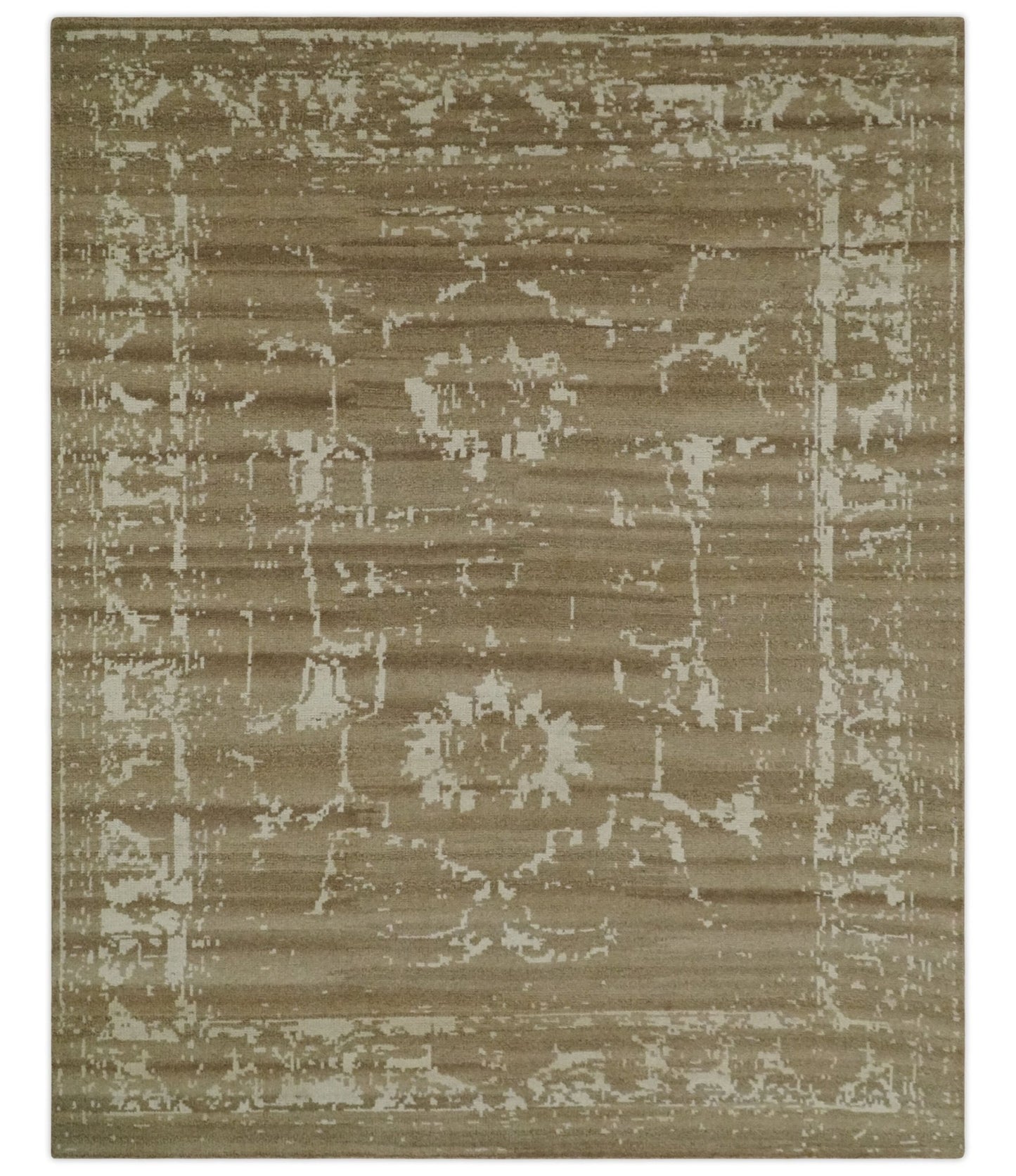 Custom Made Neutral Earthy Brown and Beige Chic Hand Knotted Natural Wool Minimal Area rug
