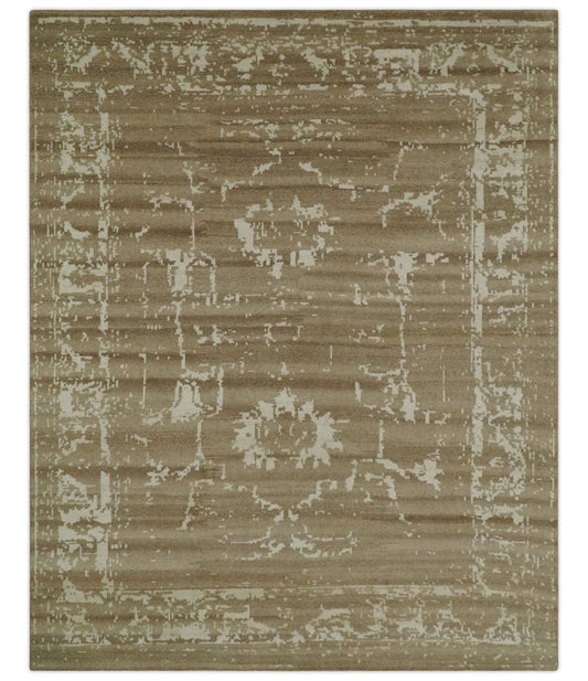 Custom Made Neutral Earthy Brown and Beige Chic Hand Knotted Natural Wool Minimal Area rug