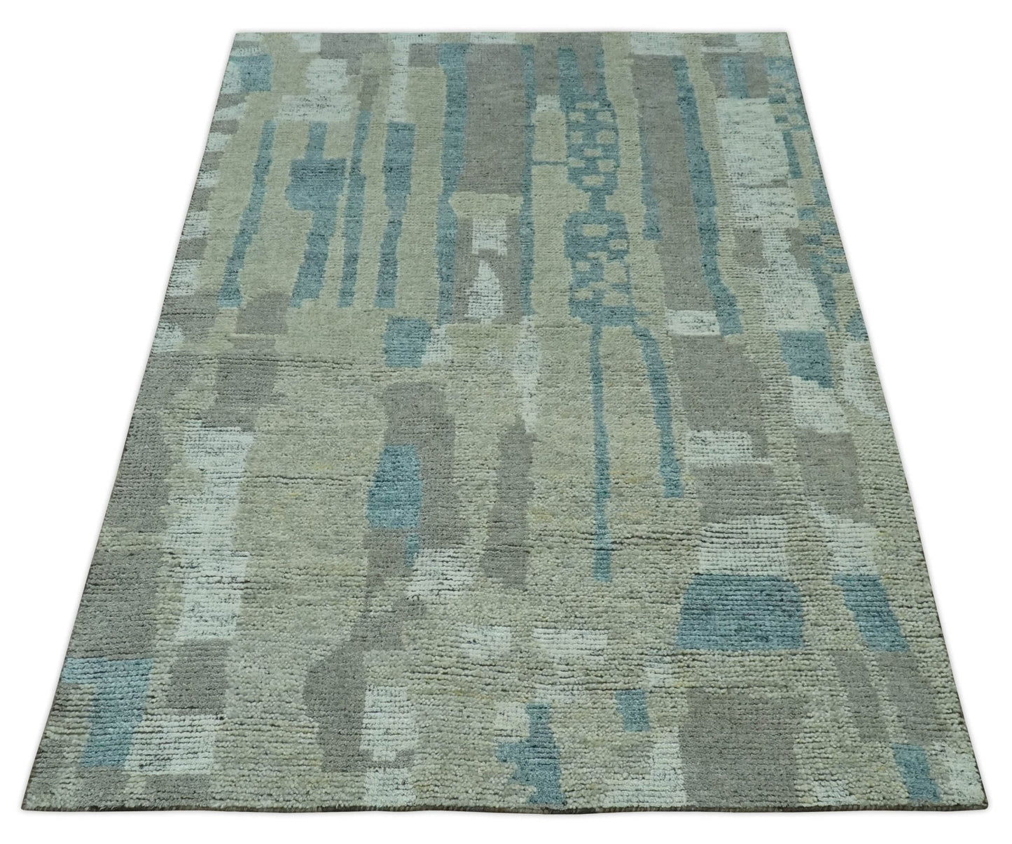 Custom Made Olive, Teal and Brown Modern abstract Hand knotted wool Area Rug