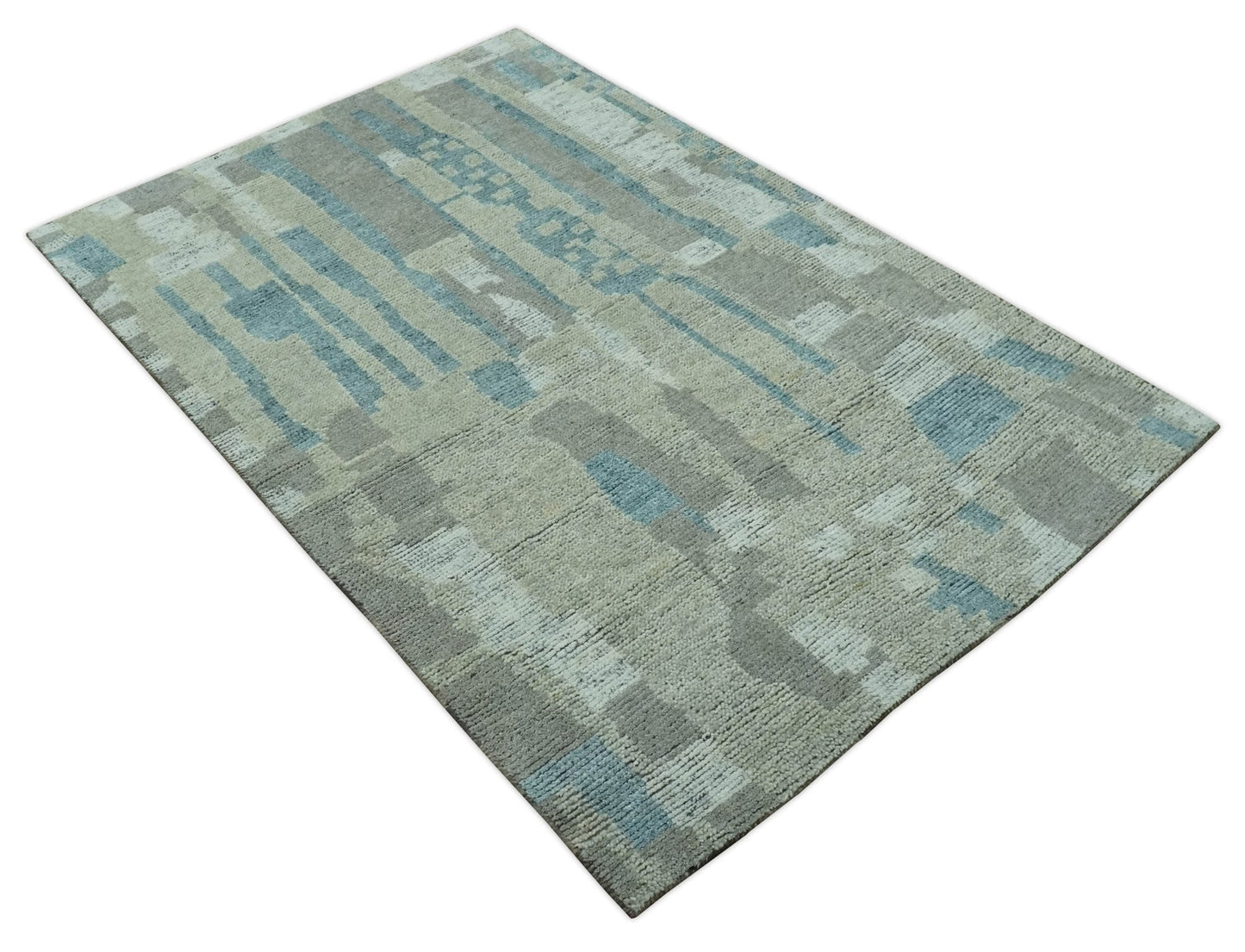 Custom Made Olive, Teal and Brown Modern abstract Hand knotted wool Area Rug