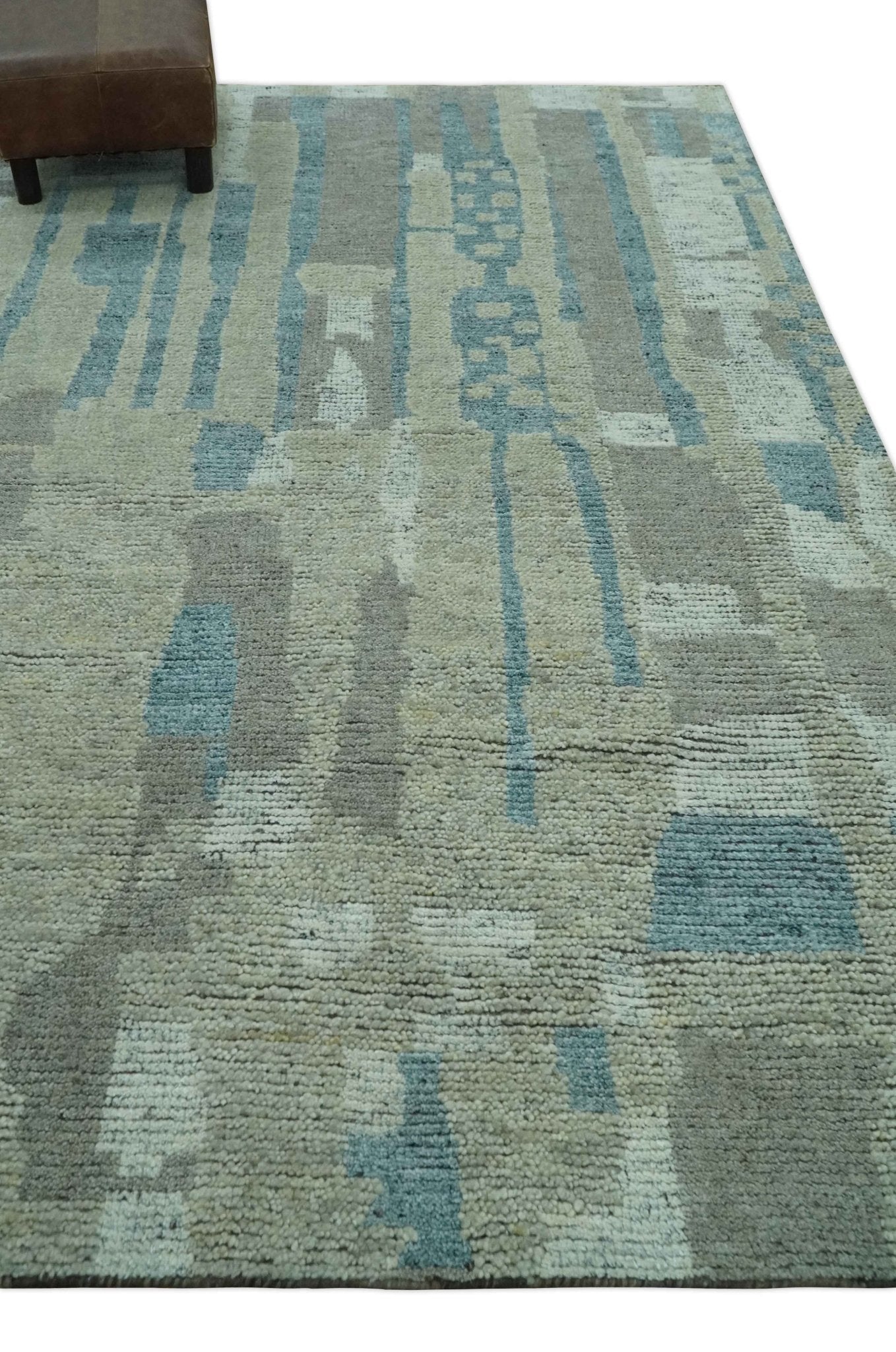 Custom Made Olive, Teal and Brown Modern abstract Hand knotted wool Area Rug