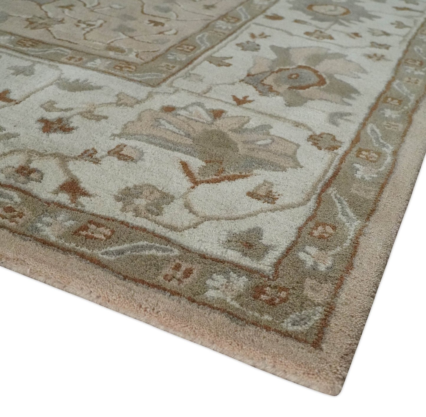 Custom Made Oushak Design Tufted Peach, Ivory and Olive Traditional Rug