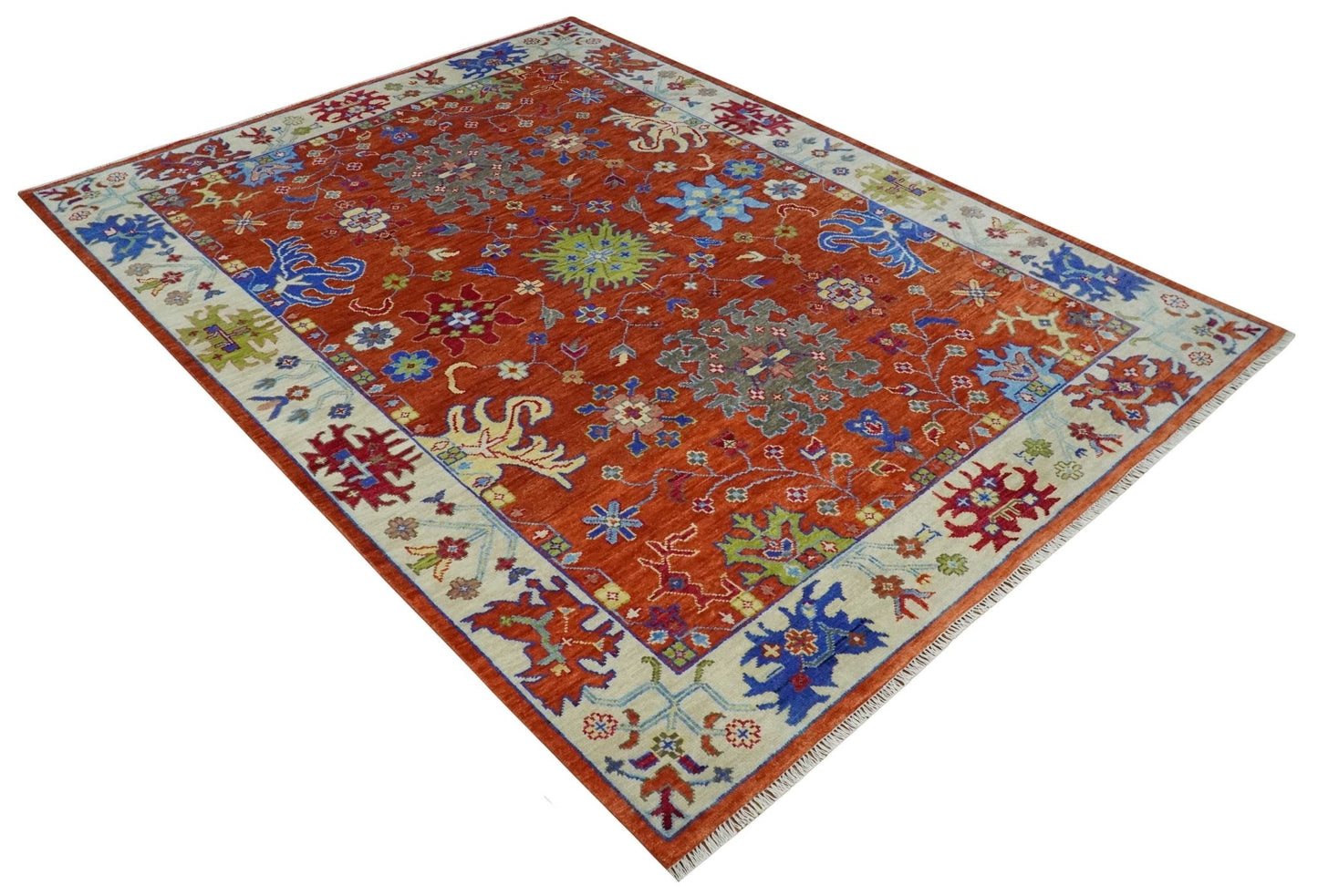 Custom Made Red and Ivory colorful Hand knotted Traditional Oushak Multi Size Wool Area Rug, Kids, Living Room and Bedroom Rug