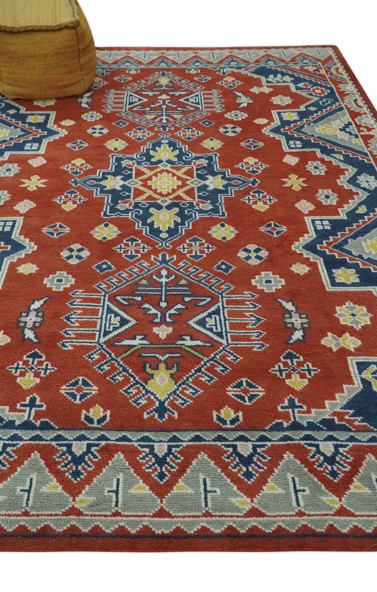 Custom Made Red, Blue, Gray and Mustard Traditional Hand knotted wool Area Rug