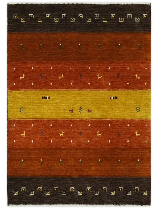 Custom Made Rust, Brown, Gold and Charcoal Geometrical Stripes Design wool area rug