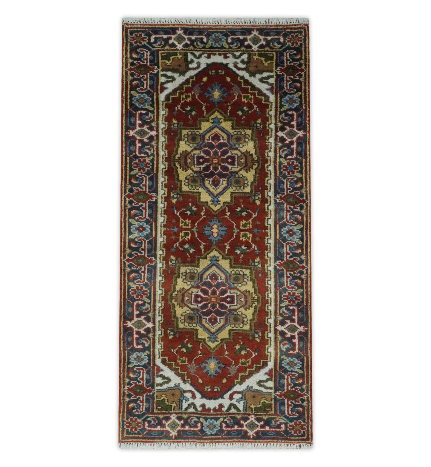 Custom Made Rust, Mustard, Ivory and Blue Hand Knotted Traditional Wool Area Rug