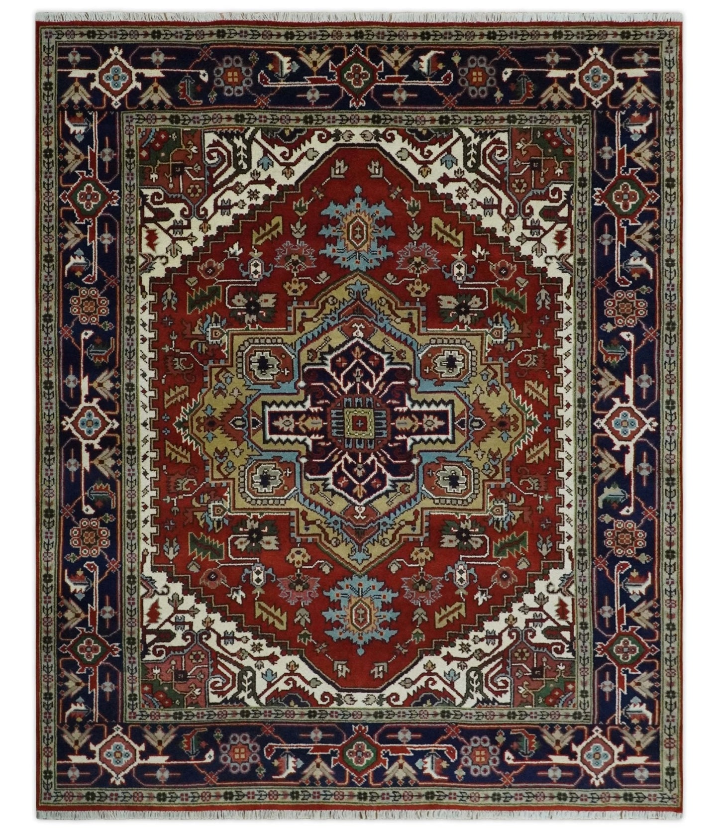 Custom Made Rust, Mustard, Ivory and Blue Hand Knotted Traditional Wool Area Rug