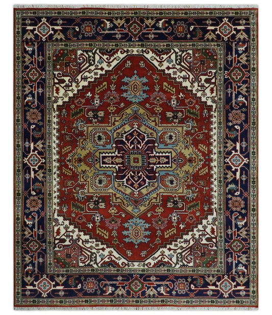 Custom Made Rust, Mustard, Ivory and Blue Hand Knotted Traditional Wool Area Rug