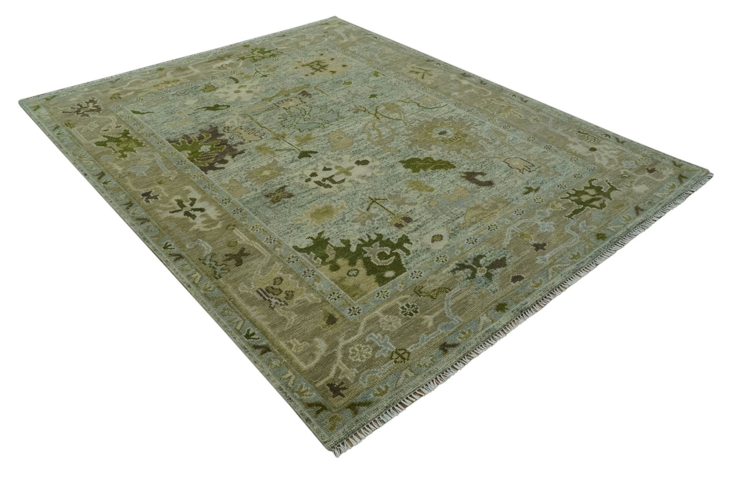 Custom Made Silver and Green Hand Knotted Traditional Oushak wool area rug