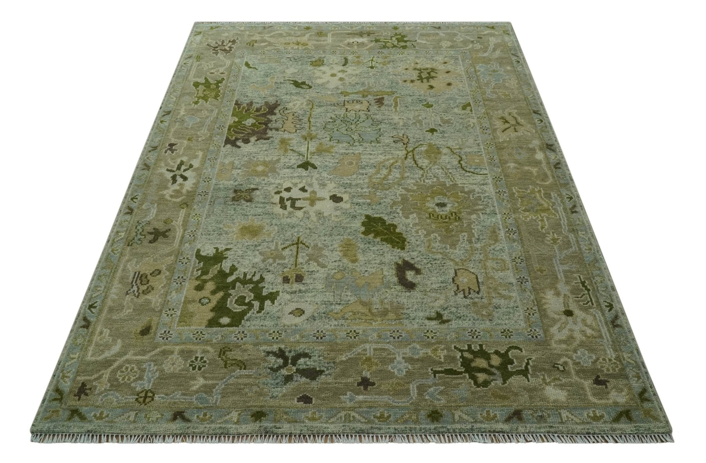 Custom Made Silver and Green Hand Knotted Traditional Oushak wool area rug