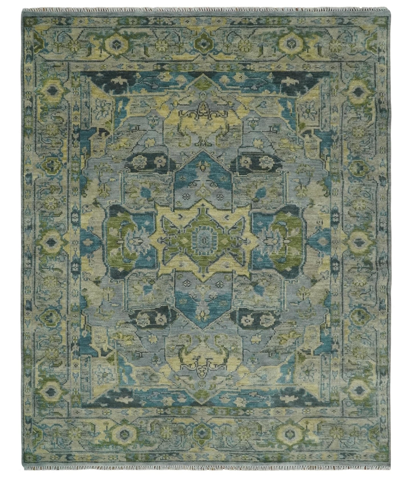 Custom Made Silver, Moss Green and Blue Heriz Traditional wool Area Rug