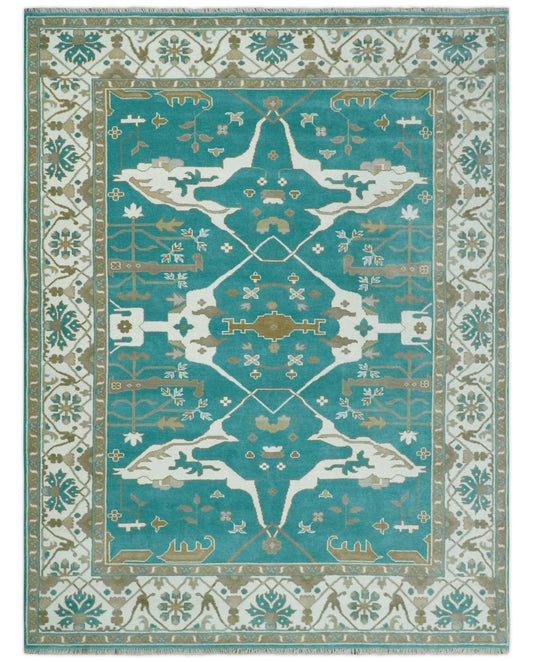 Custom Made Teal and Ivory Hand knotted Oriental Oushak Multi Size wool Area Rug
