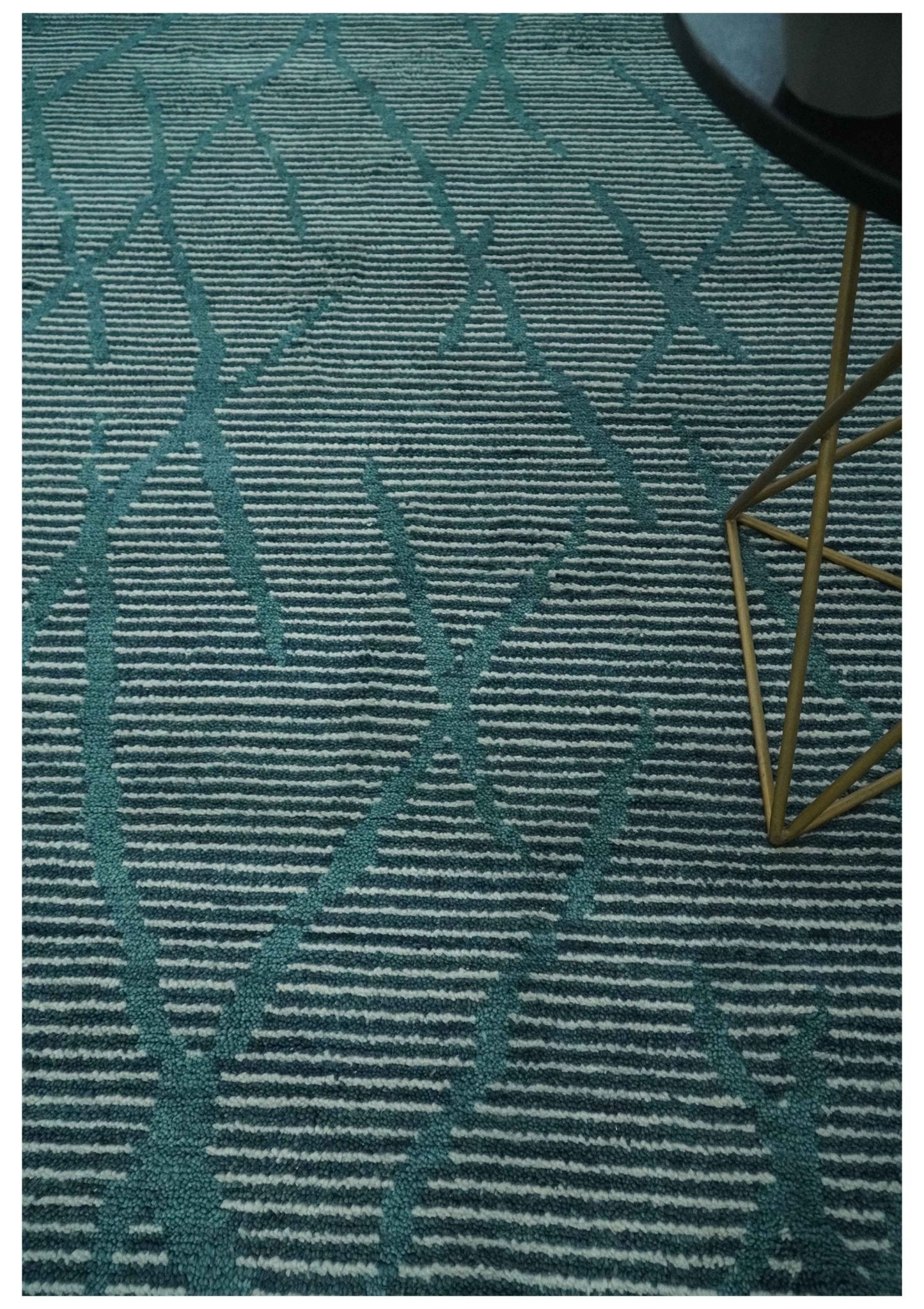 Custom Made Teal and Ivory Modern Stripes Design Hand Knotted wool Area Rug