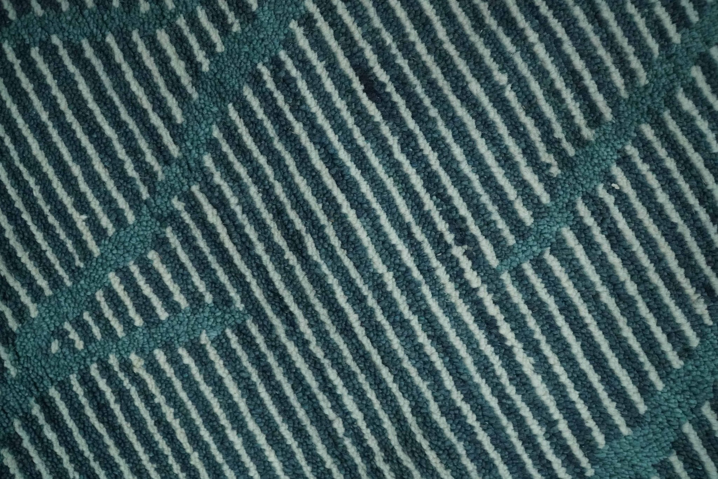Custom Made Teal and Ivory Modern Stripes Design Hand Knotted wool Area Rug