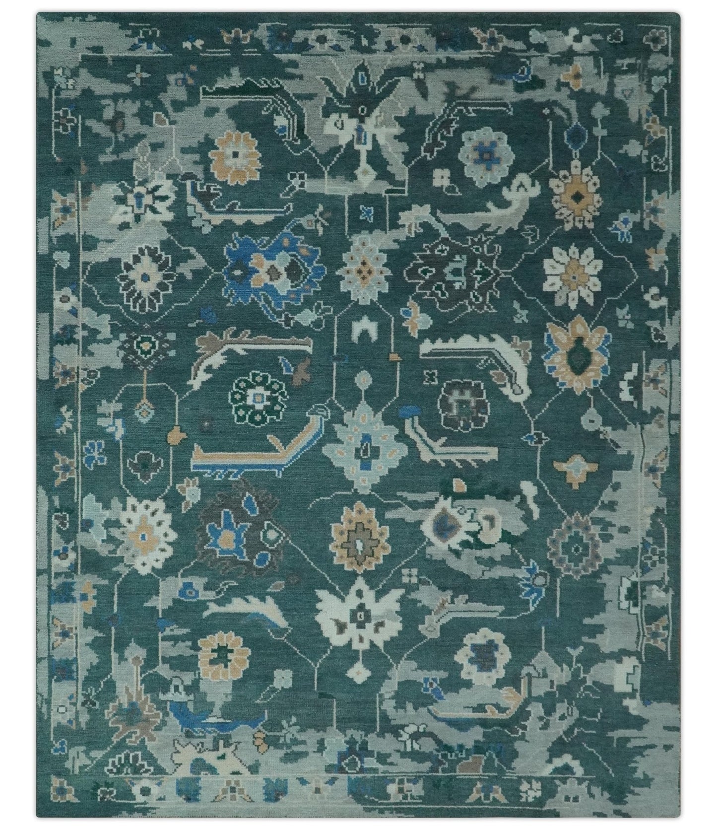 Custom Made Teal and Silver Traditional Oriental Oushak wool Area Rug