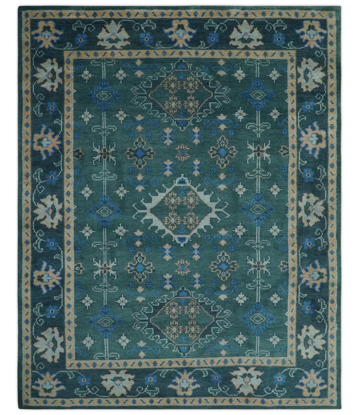 Custom Made Teal, Blue, Peach and Silver Hand Knotted Traditional Heriz wool Area Rug