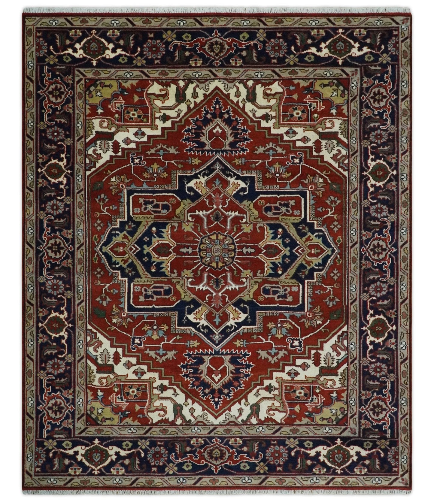 Custom Made Traditional Brown, Ivory and Blue Hand knotted Multi Size wool Area Rug