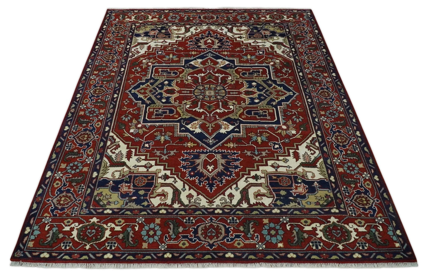 Custom Made Traditional Brown, Ivory and Blue Hand knotted Multi Size wool Area Rug