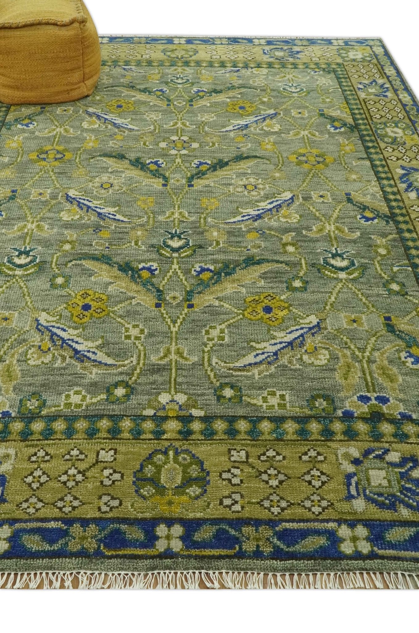 Custom Made Traditional Floral Green and Blue Hand Knotted wool area rug