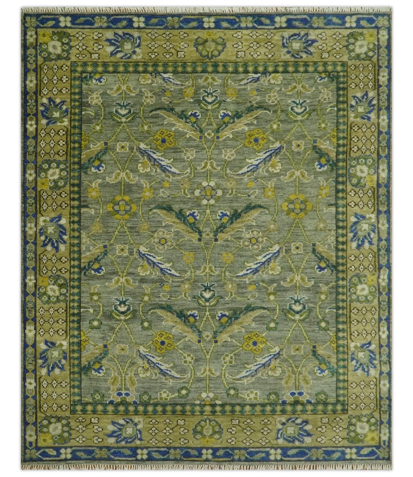 Custom Made Traditional Floral Green and Blue Hand Knotted wool area rug