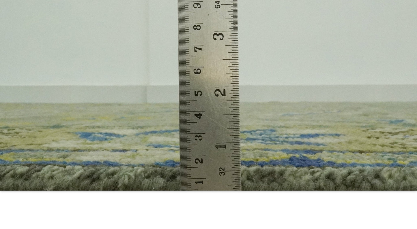 Custom Made Traditional Floral Green and Blue Hand Knotted wool area rug