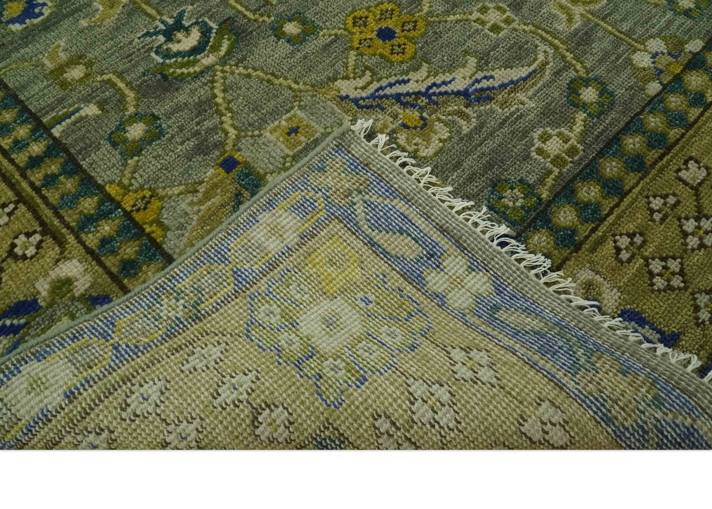 Custom Made Traditional Floral Green and Blue Hand Knotted wool area rug
