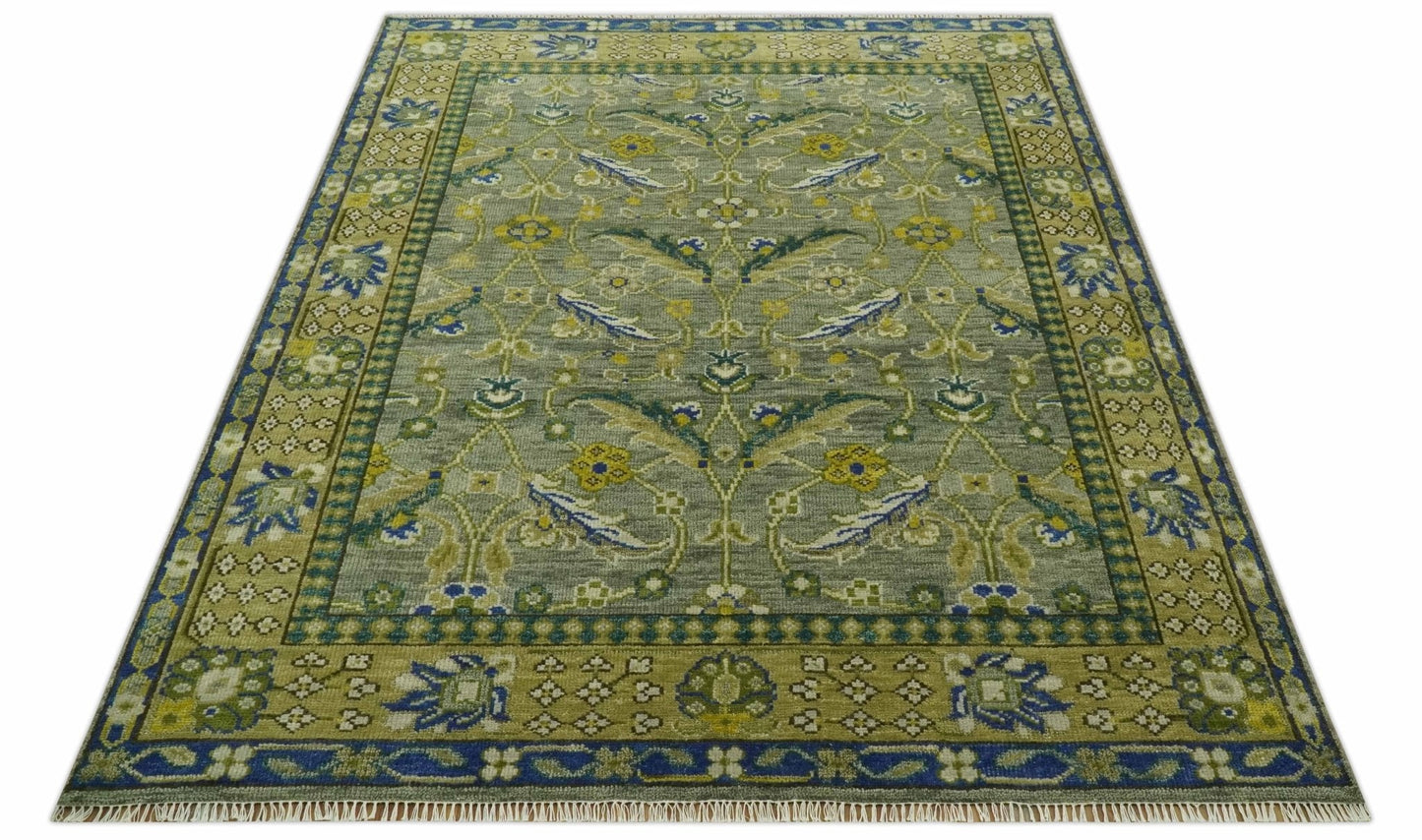 Custom Made Traditional Floral Green and Blue Hand Knotted wool area rug