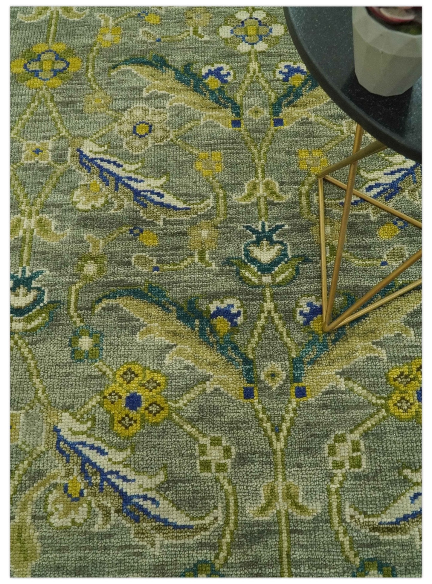 Custom Made Traditional Floral Green and Blue Hand Knotted wool area rug