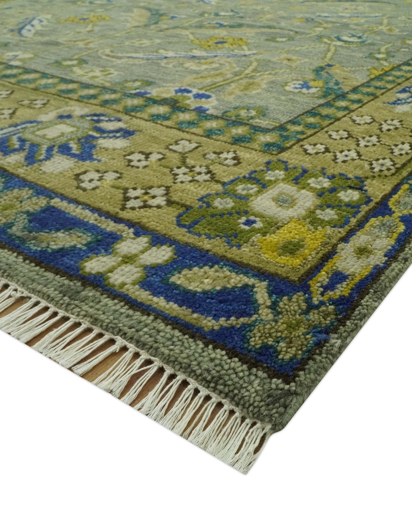 Custom Made Traditional Floral Green and Blue Hand Knotted wool area rug