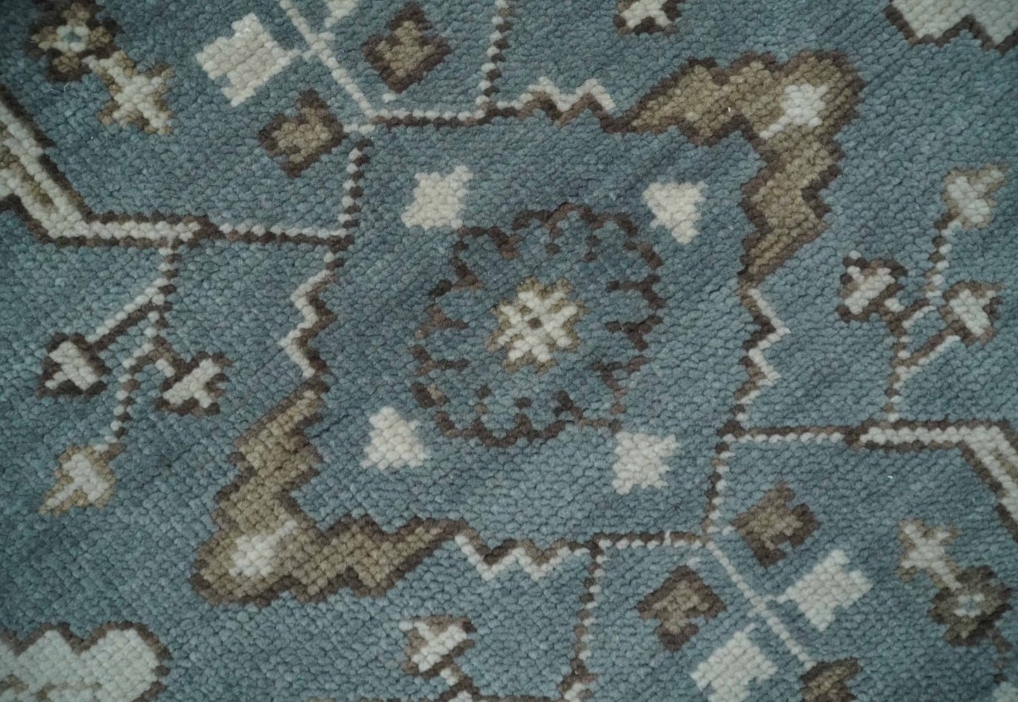 Custom Made Traditional Hand Knotted Blue, Ivory and Brown Oriental Oushak wool Area Rug