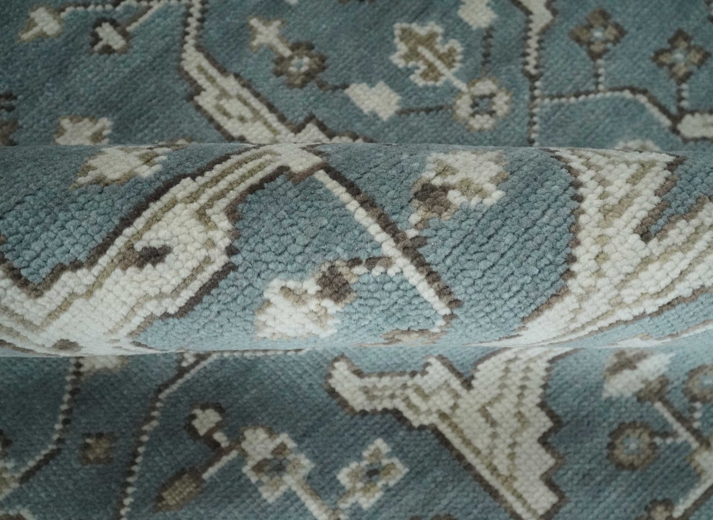 Custom Made Traditional Hand Knotted Blue, Ivory and Brown Oriental Oushak wool Area Rug